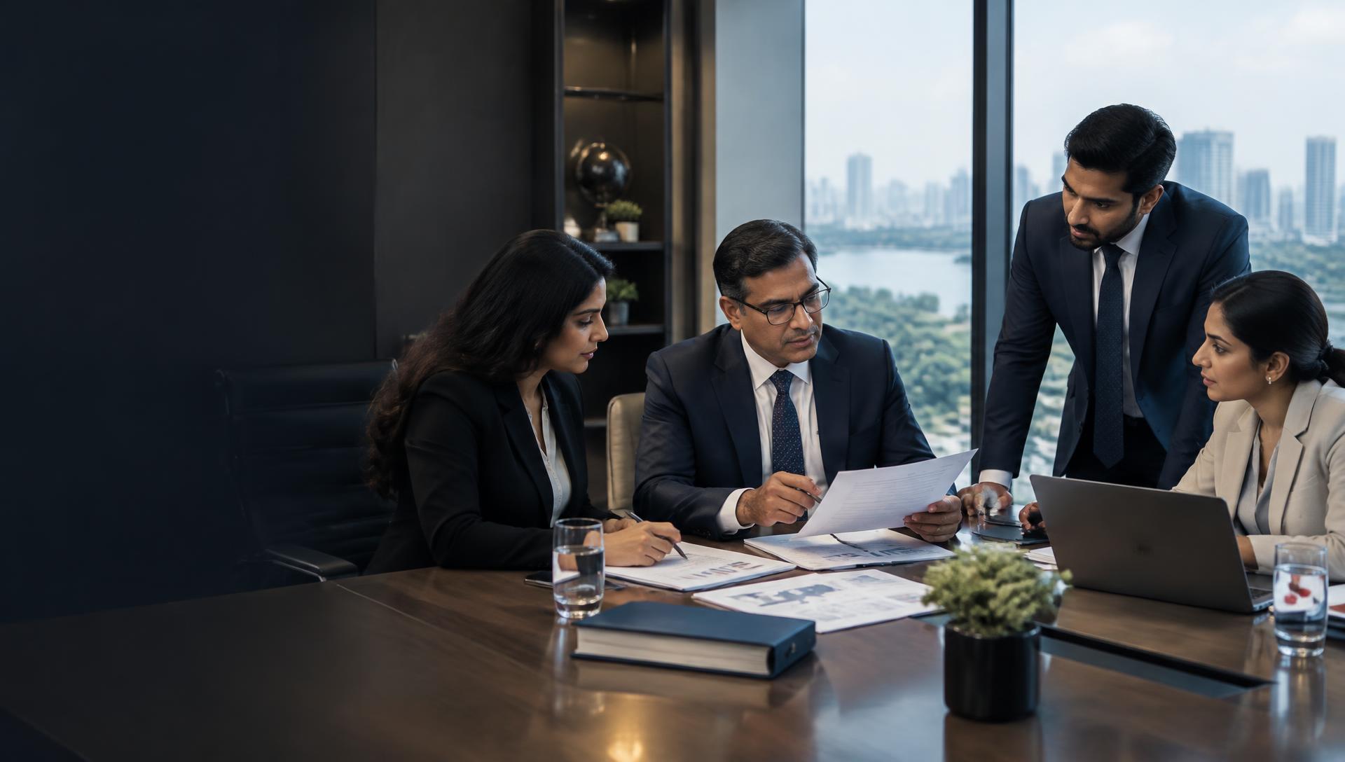 Pharmaceutical company leaders reviewing documents in a Hyderabad meeting